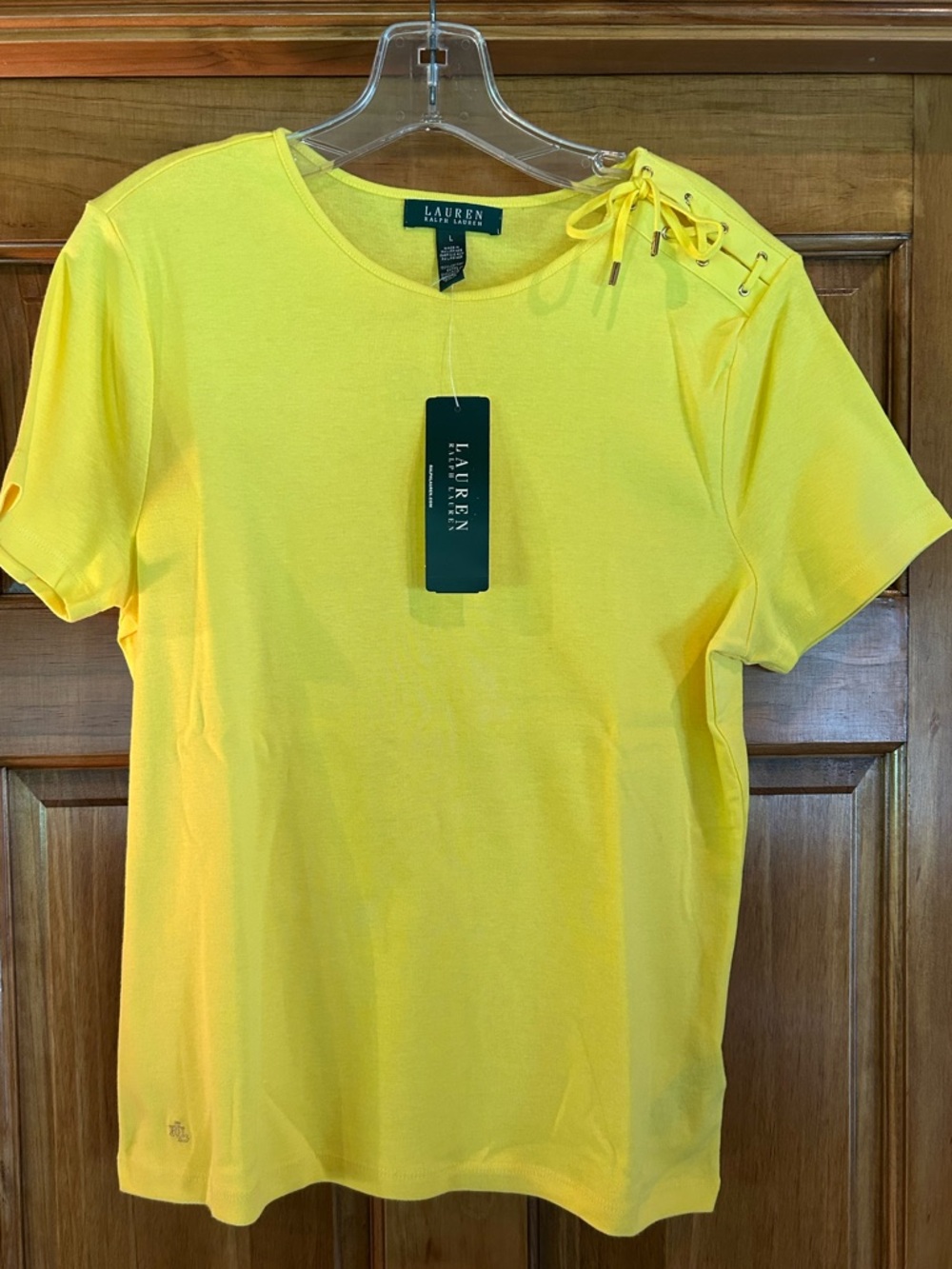 Lauren Ralph Lauren Bright Yellow Short Sleeve Tee with Lace-Up Shoulder